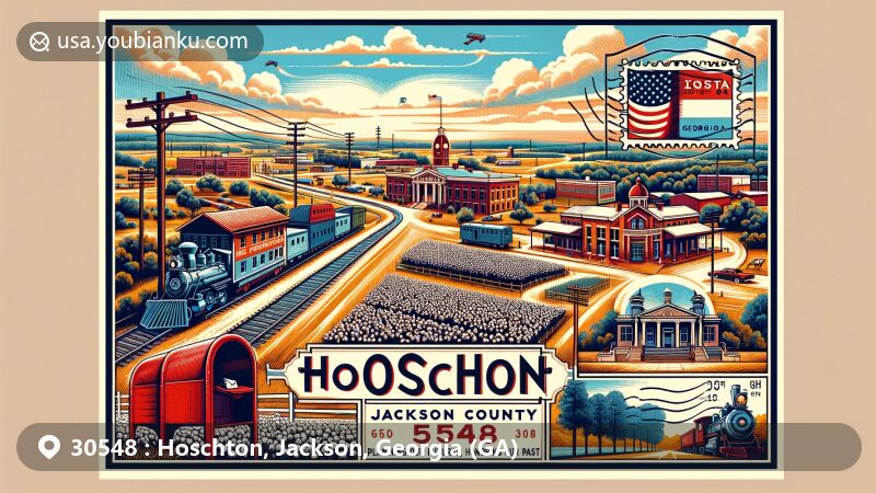 Modern illustration of Hoschton, representing ZIP code 30548 in Jackson County, Georgia, featuring local landmarks and postal themes.