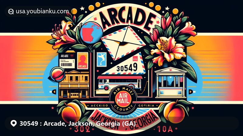 Contemporary illustration of Arcade, Jackson County, Georgia, featuring Encore Azaleas, modern postal theme with air mail elements, outline of Jackson County and Georgia State, icons of peaches and oak trees, and ZIP code 30549.