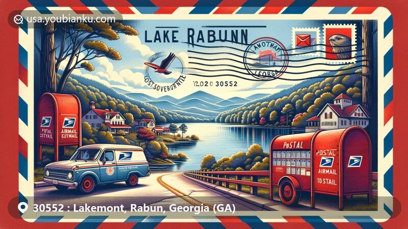 Modern illustration of Lakemont, Rabun County, Georgia, featuring vintage airmail envelope with postcard displaying Lake Rabun, surrounded by lush forests and Blue Ridge Mountains, showcasing postal service elements and ZIP code 30552.