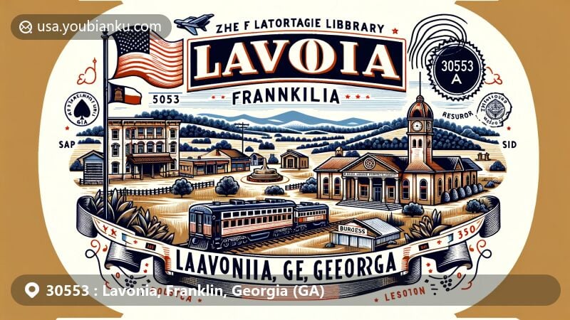 Modern illustration of Lavonia, Franklin County, Georgia, showcasing postal theme with ZIP code 30553, featuring Lavonia Carnegie Library, historic Lavonia Depot, and Burgess Cemetery.