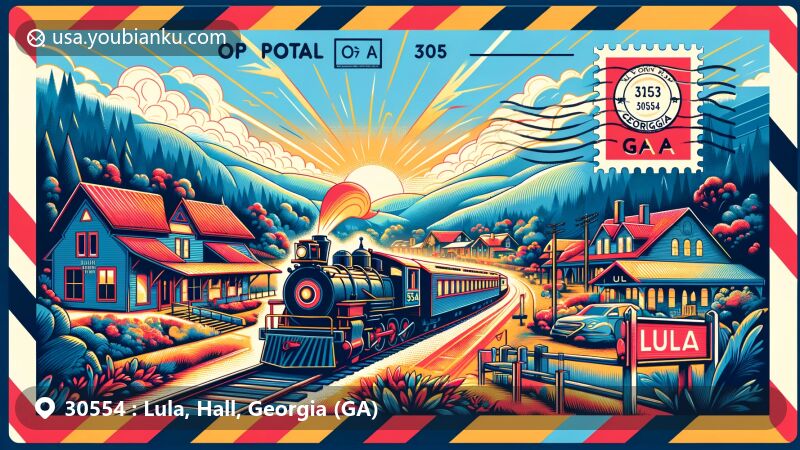 Modern illustration of Lula, Georgia, showcasing postal theme with ZIP code 30554, featuring Lula Railroad, Railroad Days festival, and picturesque mountain town vibe.