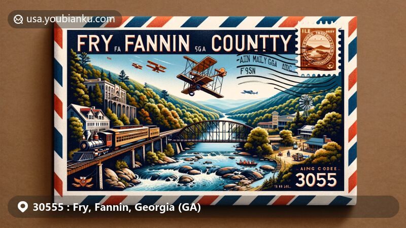 Modern illustration of Fry area, Fannin County, Georgia, inspired by air mail envelope design, highlighting natural beauty and cultural elements like Toccoa River, Blue Ridge Scenic Railway, Swinging Bridge, local arts scene, and Lake Blue Ridge.
