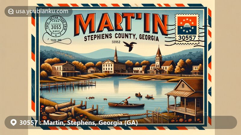Modern illustration of Martin, Stephens County, Georgia, featuring postal theme with ZIP code 30557, showcasing historic village near Lake Hartwell for outdoor activities like fishing and kayaking.