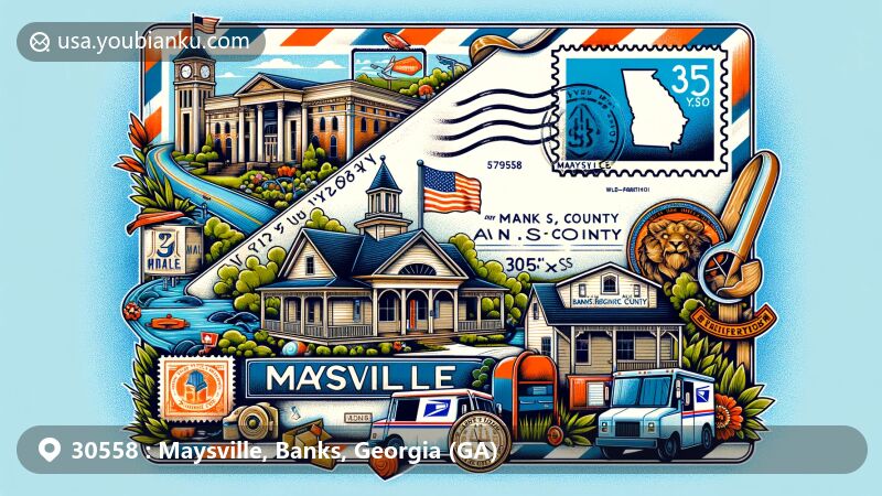 Modern illustration of Maysville, Georgia, featuring postal theme with ZIP code 30558, showcasing Banks County's natural beauty and tranquil residential charm, incorporating vintage postcard or airmail envelope with prominent '30558' postal code, stamp detailing local landmarks or scenic views, and postmark, mailbox, or mail truck symbolizing mail delivery.