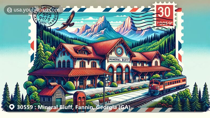 Modern illustration of Mineral Bluff, Georgia, blending natural beauty with postal elements, showcasing Chattahoochee National Forest, Mineral Bluff Depot, and USPS symbols with '30559' ZIP code.