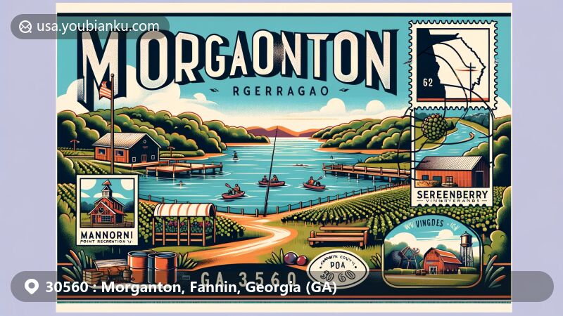 Modern illustration of Morganton, Fannin County, Georgia, showcasing recreation area and vineyards, featuring fishing, swimming, Lake Blue Ridge, Serenberry Vineyards, and postal theme with ZIP code 30560.