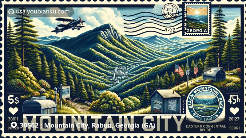 Modern illustration of Mountain City, Georgia, blending scenic beauty with postal heritage, featuring Blue Ridge Mountains and Black Rock Mountain State Park.