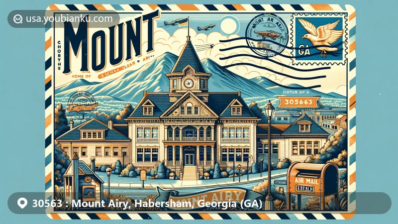 Modern illustration of Mount Airy, Georgia, Habersham County, featuring Town Hall, Blue Ridge Mountains, and historical resort town symbols, with postal elements like ZIP code 30563 and old-fashioned mailbox.