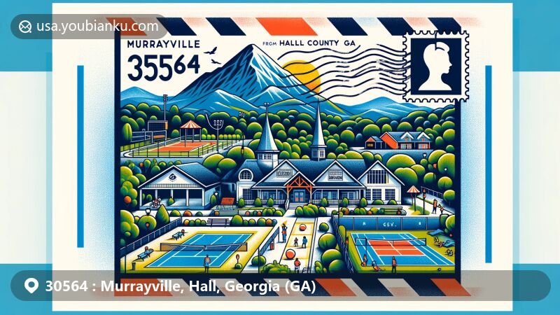 Modern illustration of Murrayville, Hall County, Georgia, showcasing postal theme with ZIP code 30564, featuring Blue Ridge mountains, tennis courts, playground, and pavilion at Murrayville Park.