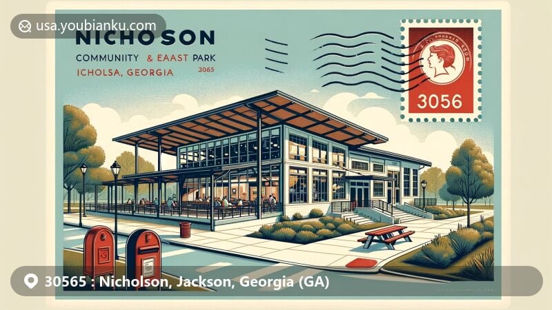 Modern illustration of Nicholson, Jackson County, Georgia, emphasizing ZIP code 30565, featuring the Nicholson Community Center, East Jackson Park, and typical postal elements, radiating a warm, community spirit.
