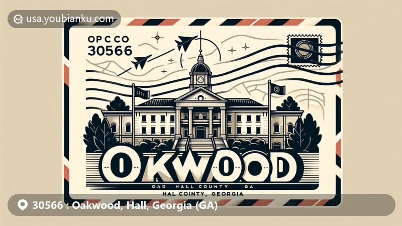 Modern illustration of Oakwood, Hall County, Georgia, highlighting postal theme with ZIP code 30566, featuring stylized Oakwood City Hall, Georgia state symbols, postmark elements, and subtle map details.