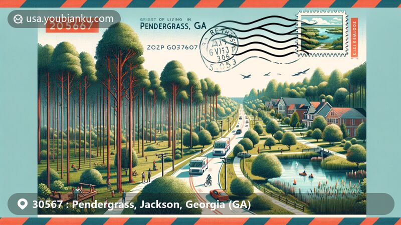 Modern illustration of Pendergrass, Georgia, in Jackson County, showcasing postal theme with ZIP code 30567, featuring lush greenery, mature trees, and outdoor lifestyle elements like fishing ponds, biking trails, and golf courses.
