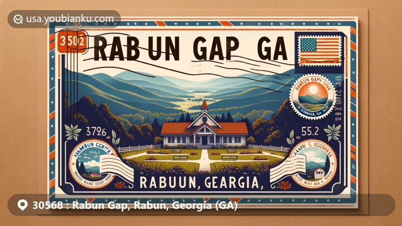 Modern illustration of Rabun Gap, Rabun, Georgia, with ZIP code 30568, showcasing Hambidge Center and Blue Ridge Mountains, featuring vintage postcard format with local cultural symbols and Georgia state flag.