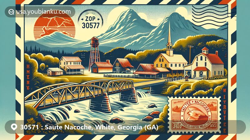 Modern illustration of Sautee Nacoochee, White County, Georgia, showcasing postal theme with ZIP code 30571, featuring Sautee Nacoochee Indian Mound, Nacoochee Valley Historic District, Mount Yonah, Sal Mountain, and Stovall Mill Covered Bridge.