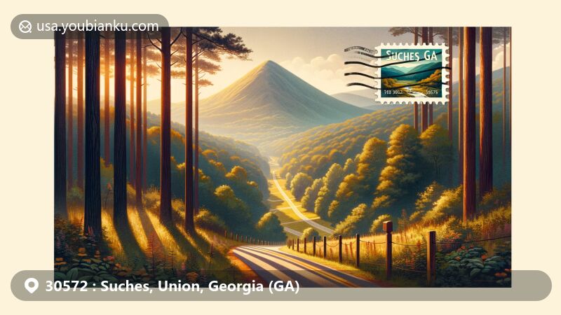 Modern illustration of Suches, Georgia, highlighting scenic beauty with Chattahoochee National Forest, Brasstown Bald, and postmarked postage stamp.
