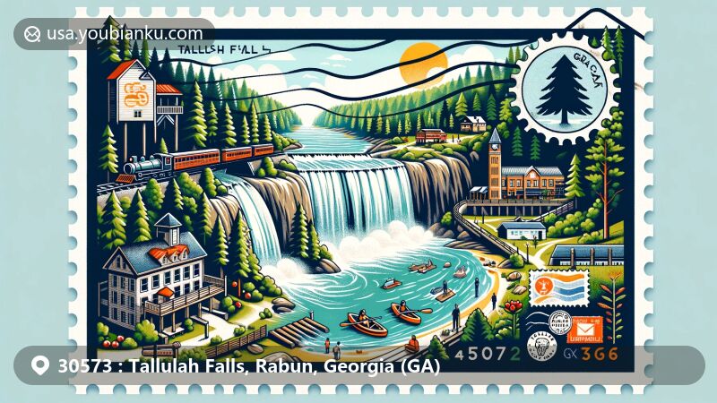 Modern illustration of Tallulah Falls, Georgia (GA), featuring the iconic Tallulah Gorge, waterfalls, lush forest landscapes, Tallulah Falls Scenic Railroad, Tallulah Falls Lake, and downtown landmarks, presented in vintage postcard style with postal theme and outdoor activities.