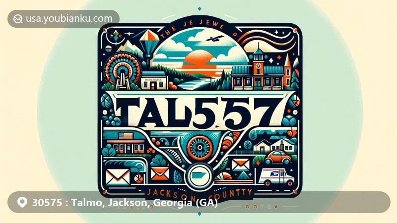 Modern illustration of Talmo, Jackson County, Georgia, incorporating postal theme with ZIP code 30575, featuring local motto 'The Jewel of Jackson County' and rural landscape.