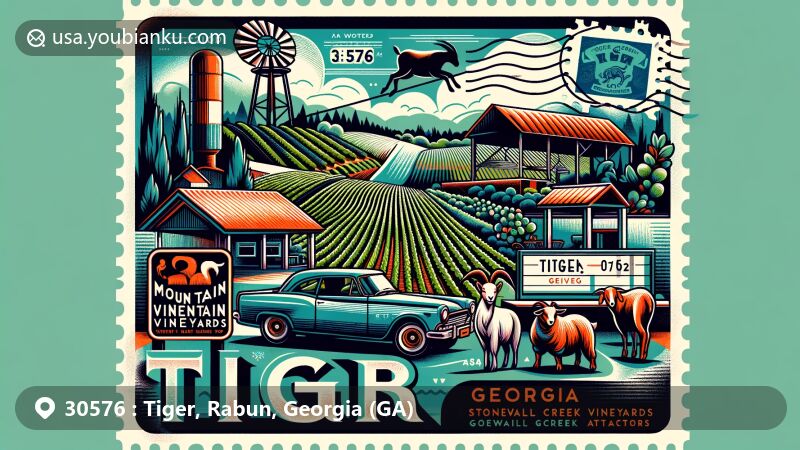 Modern illustration of Tiger, Rabun County, Georgia, highlighting ZIP code 30576, featuring Tiger Mountain Vineyards, Stonewall Creek Vineyards, Goats on the Roof, and Tiger Drive-In, with elements symbolizing Rabun County and Georgia.