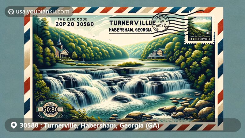 Modern illustration of Turnerville, Habersham, Georgia, portraying the beauty of Minnehaha Falls and ZIP code 30580, with lush greenery and gentle hills typical of Georgia's landscape.