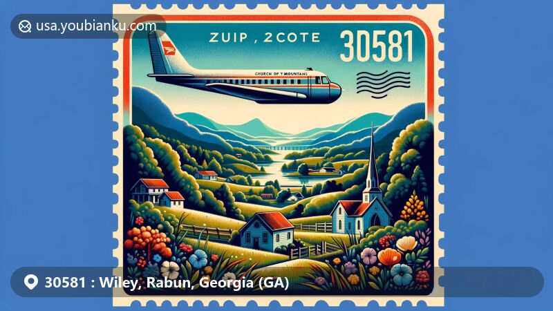 Modern illustration of Wiley, Rabun County, Georgia, depicting ZIP code 30581, with Blue Ridge Mountain landscape and traditional flora, featuring air mail envelope symbolizing postal connections.
