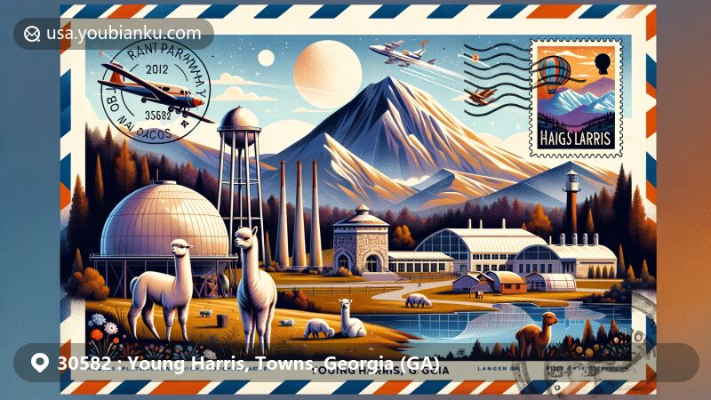 Modern illustration of Young Harris, Georgia, highlighting Rollins Planetarium, Hughes Sorghum Syrup Mill, alpacas from Destiny Alpaca Farm, graffiti rocks of Bell Mountain, and Crane Creek Vineyards, set against the backdrop of Blue Ridge Mountains and Lake Chatuge, with postal theme elements and ZIP code 30582.