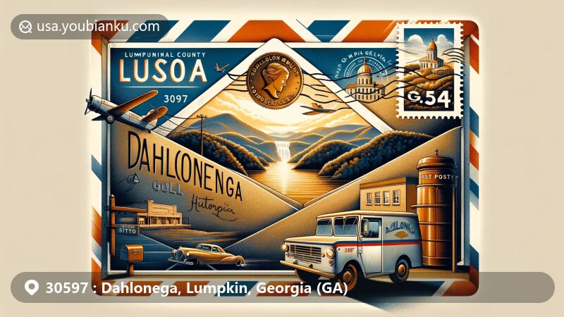Modern illustration of the 30597 area in Dahlonega, Lumpkin County, Georgia, featuring a central airmail envelope highlighting ZIP Code 30597 and Dahlonega, GA, with a postmark from Lumpkin County. Inside the envelope, a stamp of Dahlonega Gold Museum Historic Site represents the region's gold mining history. Background includes Appalachian Mountains, Cane Creek Falls, vintage postal box, and mail delivery van, creating a unique postal theme and showcasing natural beauty.