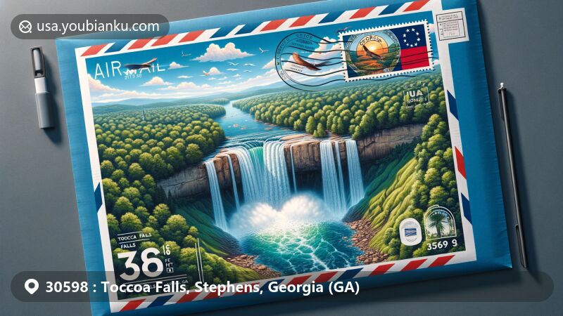 Modern illustration of Toccoa Falls, Georgia, blending natural beauty with postal elements, showcasing airmail envelope with Georgia state flag and stamp of Toccoa Falls.