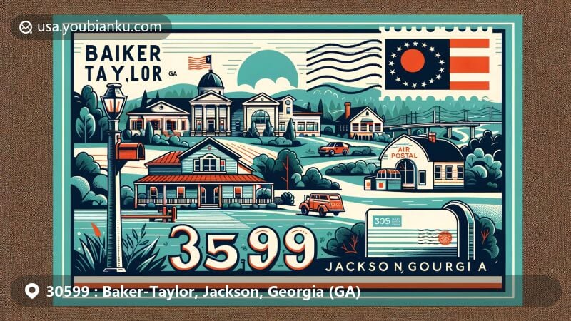 Modern illustration of Baker-Taylor, Jackson County, Georgia, integrating local and postal themes, showcasing state flag, county outline, and Georgian architectural elements, with air mail envelope design and postage stamp featuring Georgia state flag.
