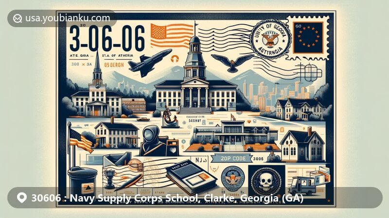 Modern illustration of Athens, Georgia, with postal theme showcasing ZIP code 30606, featuring Navy Supply Corps School transformed into UGA Health Sciences Campus, Georgia state flag, Clarke County outline, postal elements.