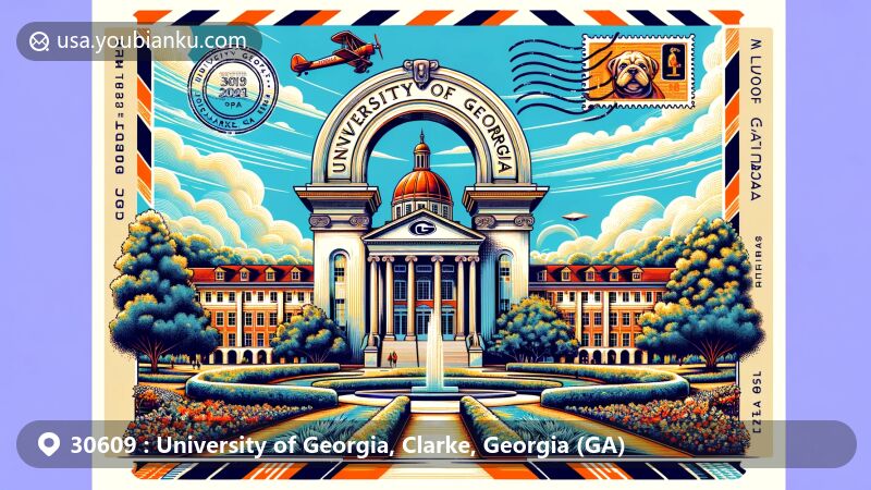 Modern illustration of the University of Georgia's North Campus, featuring the UGA Arch, Greek Revival architecture, gardens, and trees, with postal elements like a stamp with ZIP code 30609 and postmark from Clarke, GA.