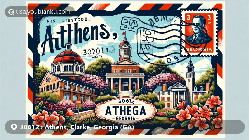 Modern illustration of Athens, Georgia, featuring postcard theme with airmail envelope, University of Georgia buildings, 'The Tree That Owns Itself', azaleas, and Georgia state flag.