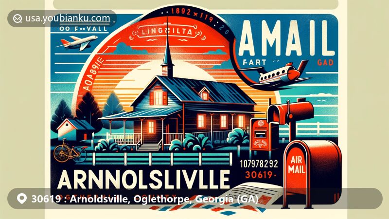 Modern illustration of Arnoldsville, Oglethorpe County, Georgia, showcasing postal theme with ZIP code 30619, featuring Longshot Farms and vintage airmail elements.