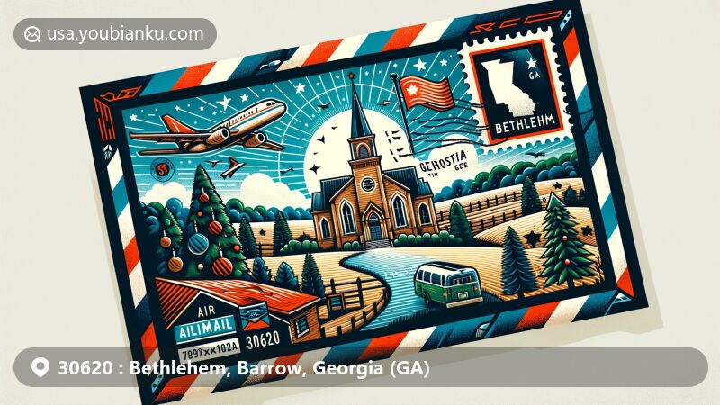 Modern illustration of Bethlehem, Georgia themed airmail envelope, featuring iconic Bethlehem Methodist Church or similar landmark, symbolizing the town's namesake. Background blends Georgia's landscapes and state flag, showcasing lush greenery and farmland typical of southern Georgia. Includes clever integration of Christmas elements, reflecting Bethlehem's moniker as the 'Christmas City', with postal elements like stamps, postmark, and ZIP code 30620 visible for postal theme.