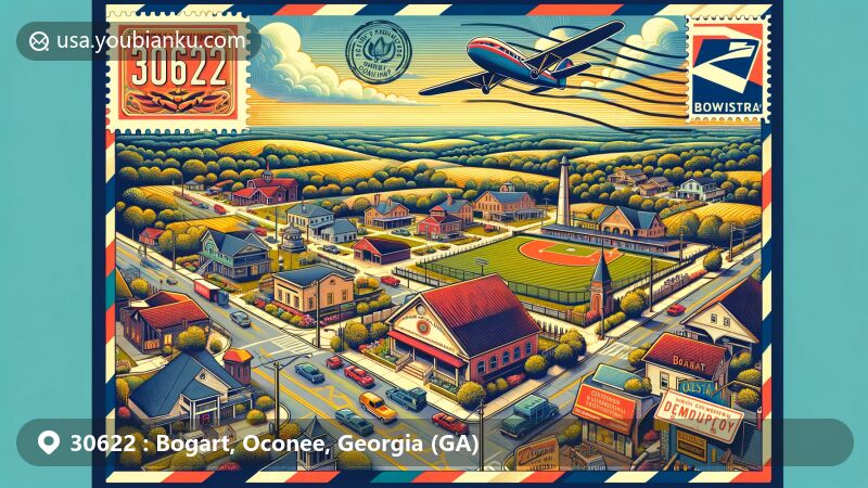 Modern illustration of Bogart, Georgia, showcasing ZIP code 30622, featuring town's Historical Agricultural Center, Bogart Sports Complex, and postal elements in vintage postcard style.
