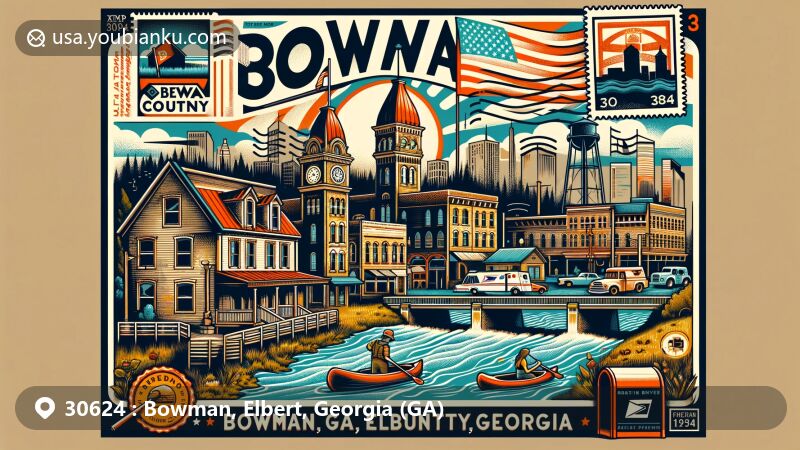 Modern illustration of Bowman, Elbert County, Georgia, showcasing postal theme with ZIP code 30624, featuring downtown area, Bowman Well House, Broad River Water Trail for paddling, vintage postcard layout, postage stamp of Bowman cityscape, postmark 'Bowman, GA 30624,' mailbox, postal car, and Georgia state flag.