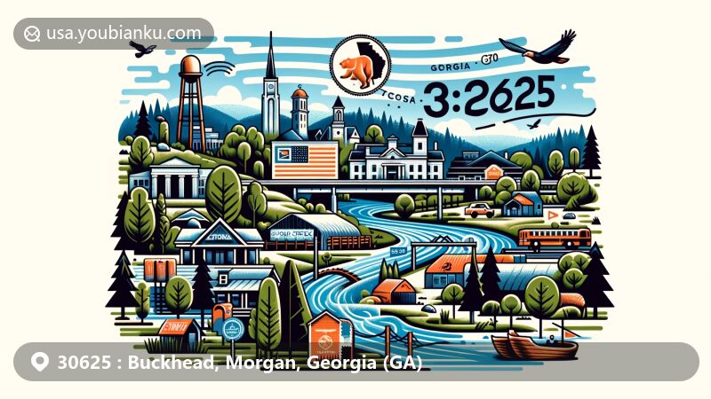 Modern illustration of Buckhead, Georgia, showcasing postal theme with ZIP code 30625, featuring Apalachee River and Sugar Creek, embodying Morgan County and Georgia state essence.