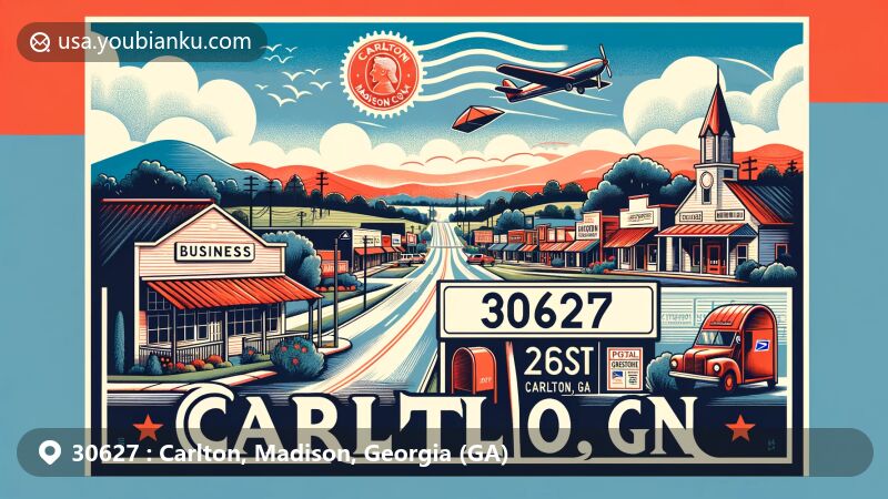 Modern illustration of Carlton, Madison County, Georgia, showcasing postal theme with ZIP code 30627, featuring businesses along SR 72 and serene landscape, capturing the charm and natural beauty of Carlton.