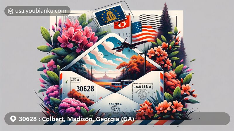 Modern illustration of Colbert, Madison area in Georgia, blending postal elements with state symbols and natural beauty, featuring airmail envelope with Georgia stamp and '30628 Colbert, GA' address.