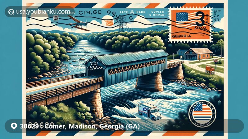 Modern illustration of Comer, Madison County, Georgia, postal theme with ZIP code 30629, showcasing Watson Mill Bridge State Park, covered bridge, lush greenery, and postal elements.