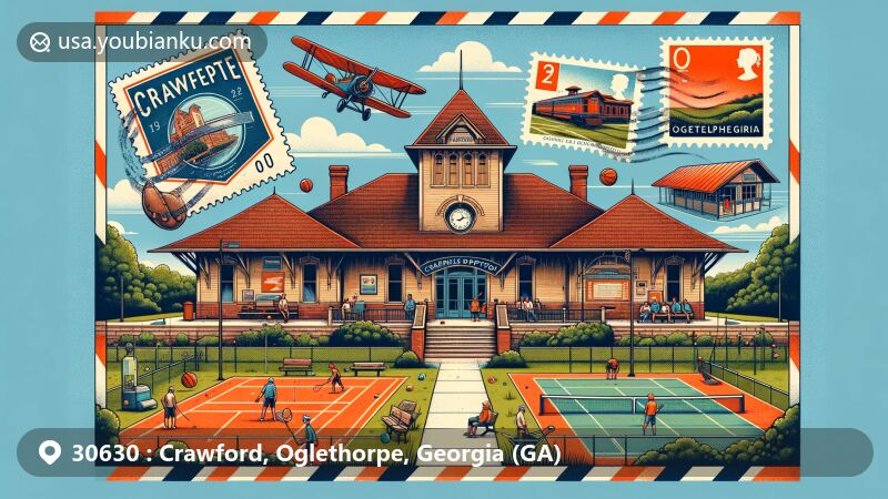 Modern illustration of the Crawford, Oglethorpe, Georgia area with ZIP code 30630, featuring the historic Crawford train depot surrounded by a vibrant community park, vintage postal elements, and a welcoming atmosphere.