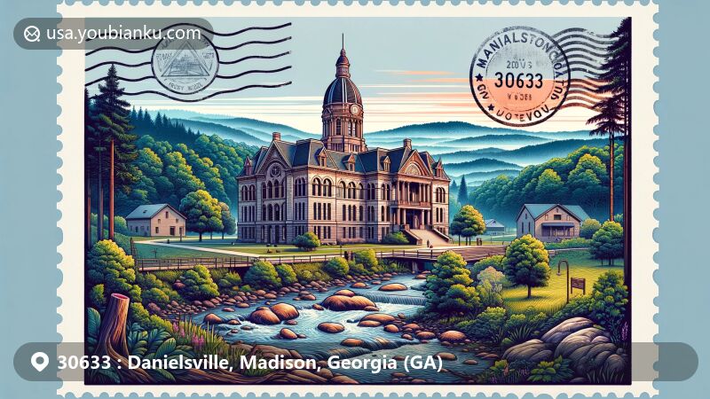 Artistic depiction of Madison County Courthouse, Danielsville, Georgia, set against lush forests and rolling hills, highlighting its historic beauty in modern illustration style with postal theme featuring ZIP code 30633.
