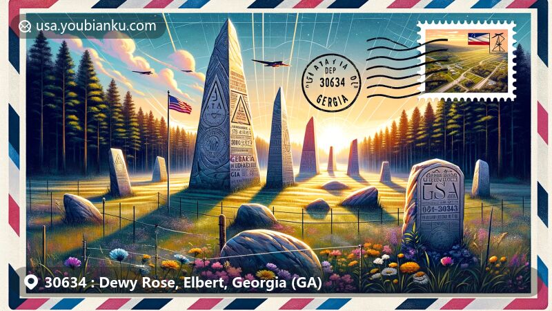 Modern illustration of Dewy Rose, Elbert, Georgia (GA), featuring Georgia Guidestones as focal point, with rural Elbert County backdrop and postal elements like stamps and postmark for ZIP code 30634.