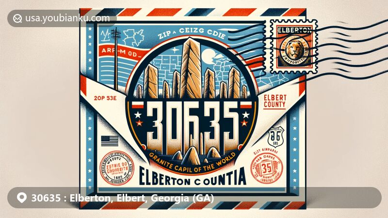 Modern illustration of Elberton, Elbert County, Georgia, showcasing postal theme with ZIP code 30635, featuring the iconic Georgia Guidestones and elements of Georgia's state flag.