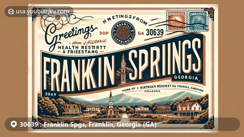 Vintage-style illustration of Franklin Springs, Georgia, showcasing health resort history, Emmanuel College connection, and natural beauty with Appalachian Mountains and Victoria Bryant State Park.