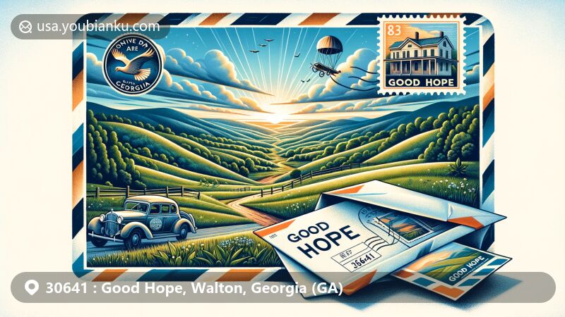 Modern illustration of Good Hope, Georgia, featuring postal theme with vintage air mail envelope and Georgia State Route 83 stamps, highlighting small-town ambiance and natural beauty.