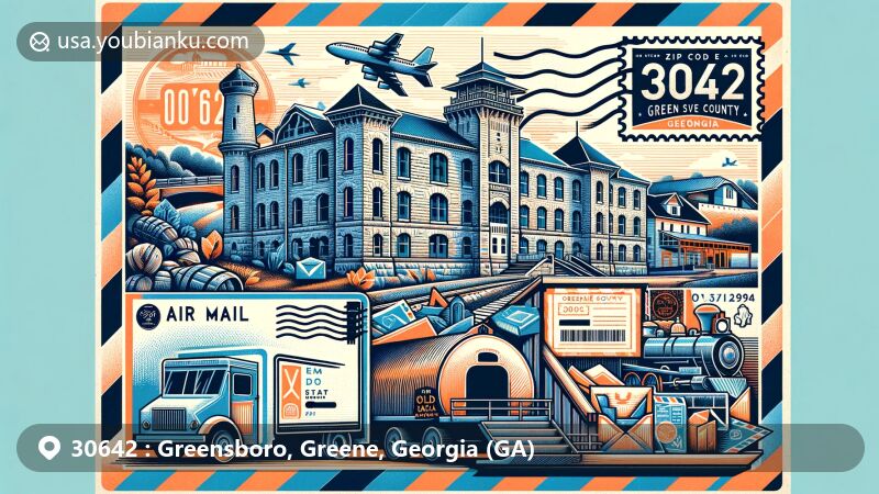 Modern illustration of Greensboro, Greene County, Georgia, with a postal theme showcasing ZIP code 30642, featuring the Old Gaol, Greene County History Museum, postal stamp, postmark, mailbox, and mail truck.