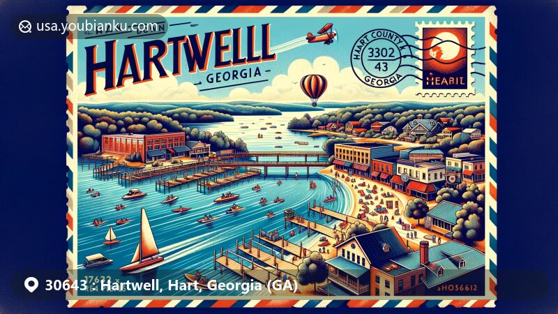 Modern illustration of Hartwell, Georgia, featuring Lake Hartwell's water activities, historic downtown, and Hart County Historical Society and Museum, with a postal theme of ZIP code 30643.