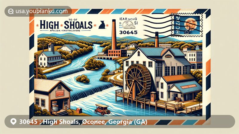 Modern illustration of High Shoals, Oconee County, Georgia, inspired by airmail design, highlighting Apalachee River, textile mill, and High Shoals Historic District, with postal elements and ZIP code 30645.