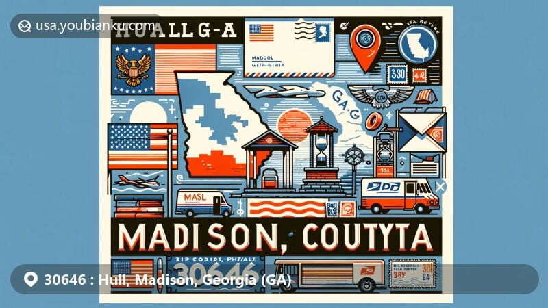Modern illustration of Hull, Madison County, Georgia, emphasizing postal theme with ZIP code 30646, featuring state flag, Madison County outline, and historic water well in Hull.