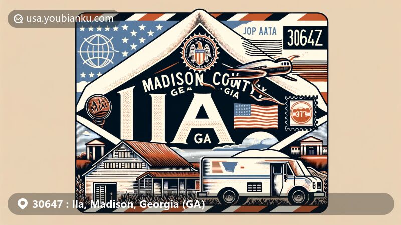 Modern illustration of Ila, Madison County, Georgia, showcasing postal theme with ZIP code 30647, featuring vintage air mail envelope with Georgia state flag stamp, incorporating Madison County outline and generic rural Georgia imagery.